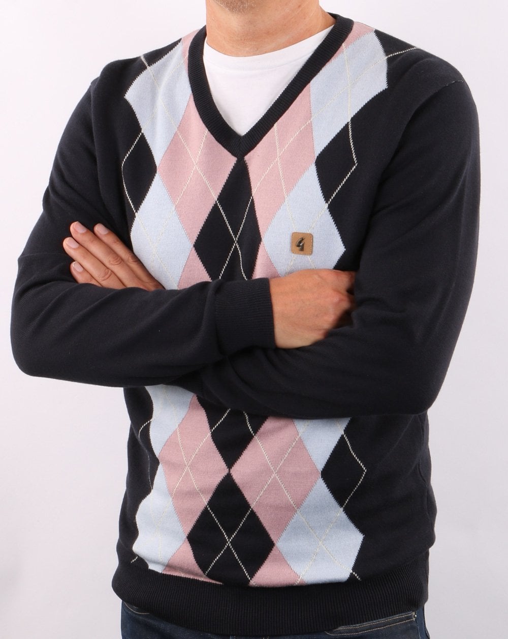 Gabicci Vintage Diamond V-Neck Knit Navy/Sky/Pink