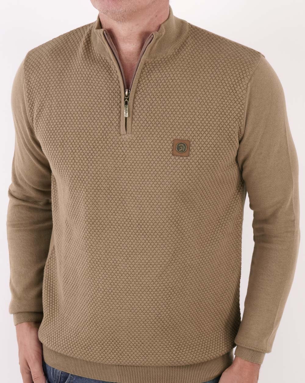 Trojan Textured Zip Funnel Neck Knit Camel