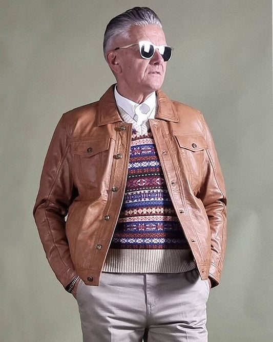 REAL HOXTON Echte Hoxton-Leder-Truckerjacke in Hellbraun