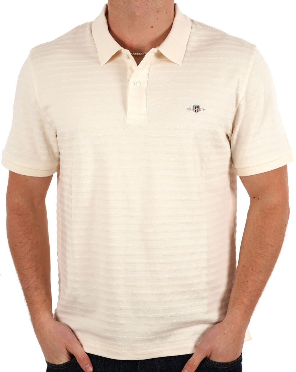 Gant – Strukturiertes Poloshirt mit Streifen in Creme