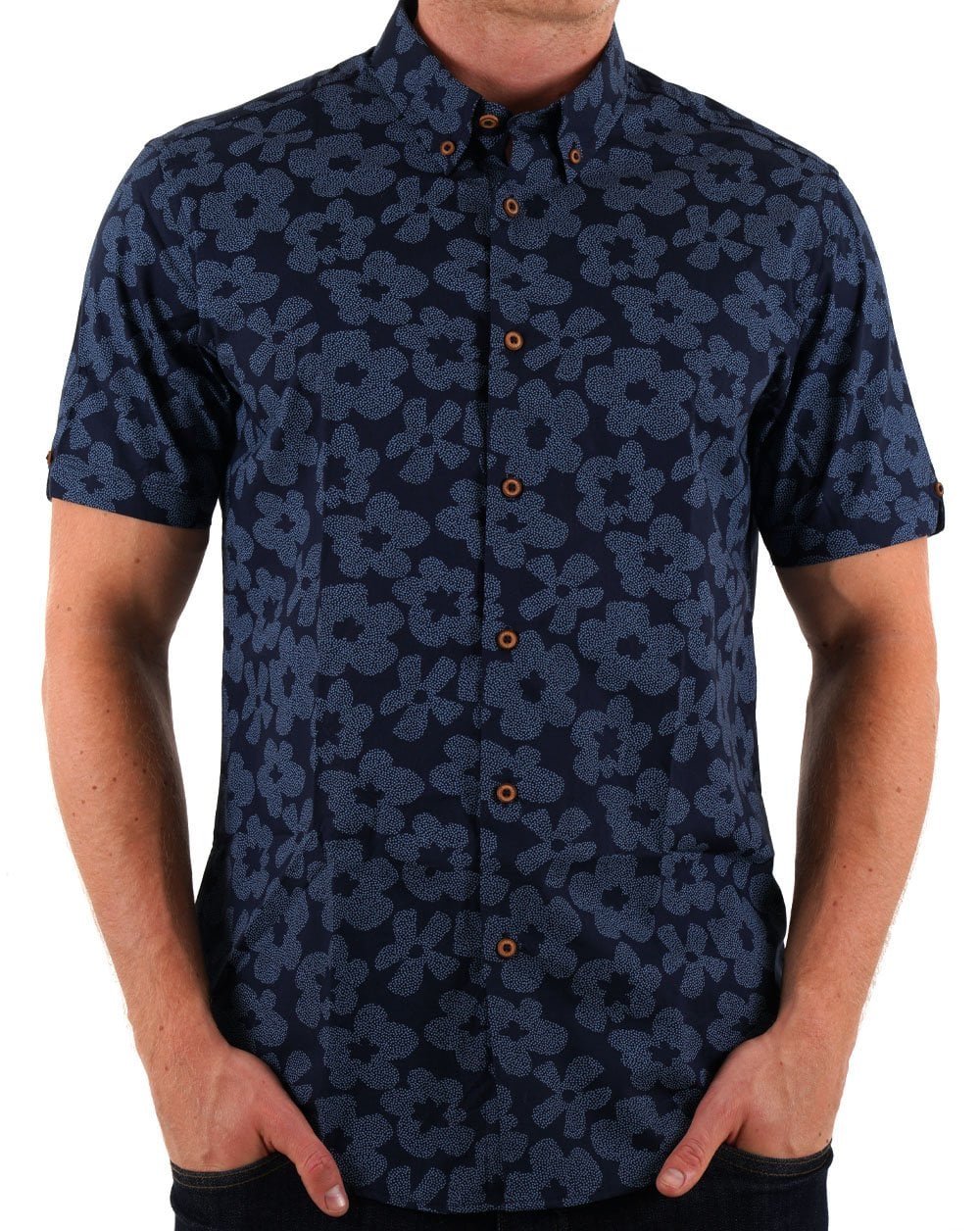 Ben Sherman Stipple Floral Print SS Shirt Dark Navy