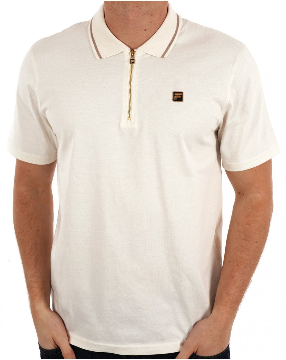 Fila – Poloshirt mit Reißverschluss und goldener Spitze in Off-White