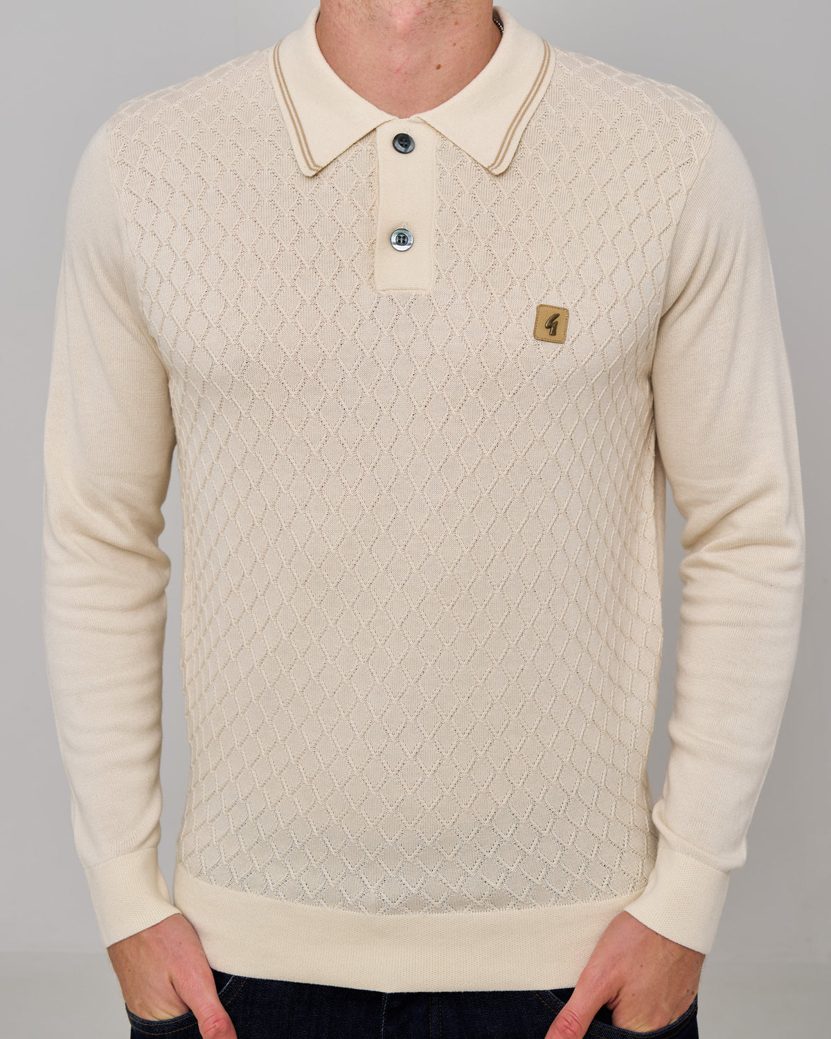 Gabicci Vintage Cambridge LS Textured Knit Polo Cream