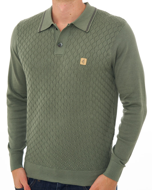Gabicci Vintage Gabicci Vintage Cambridge LS Textured Knit Polo Sage
