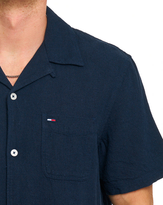 Tommy Jeans Tommy Hilfiger Leinenhemd mit Camp-Kragen, Dunkelblau