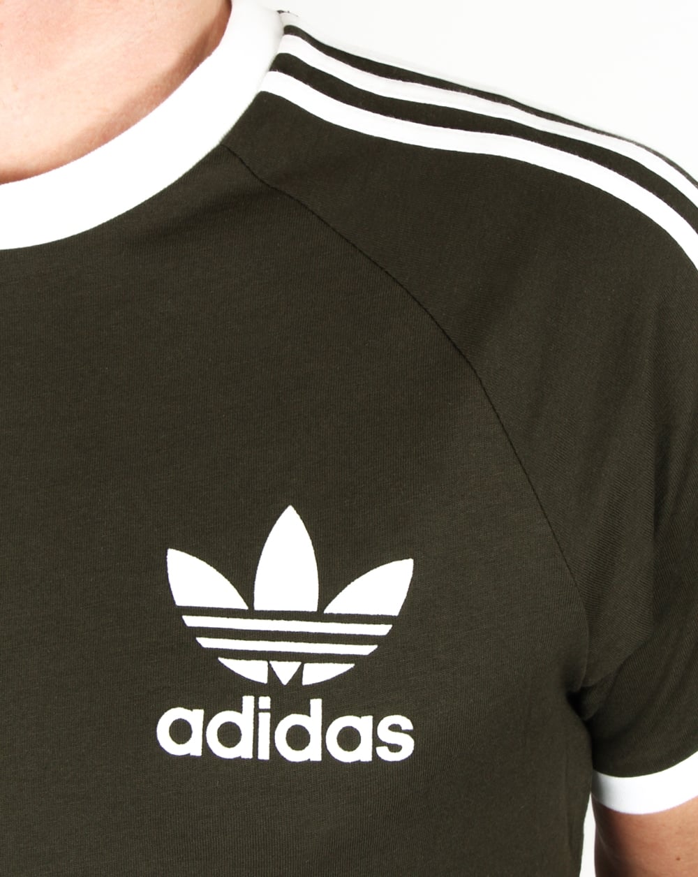 Adidas Originals Retro 3 stripe T Shirt Khaki/White