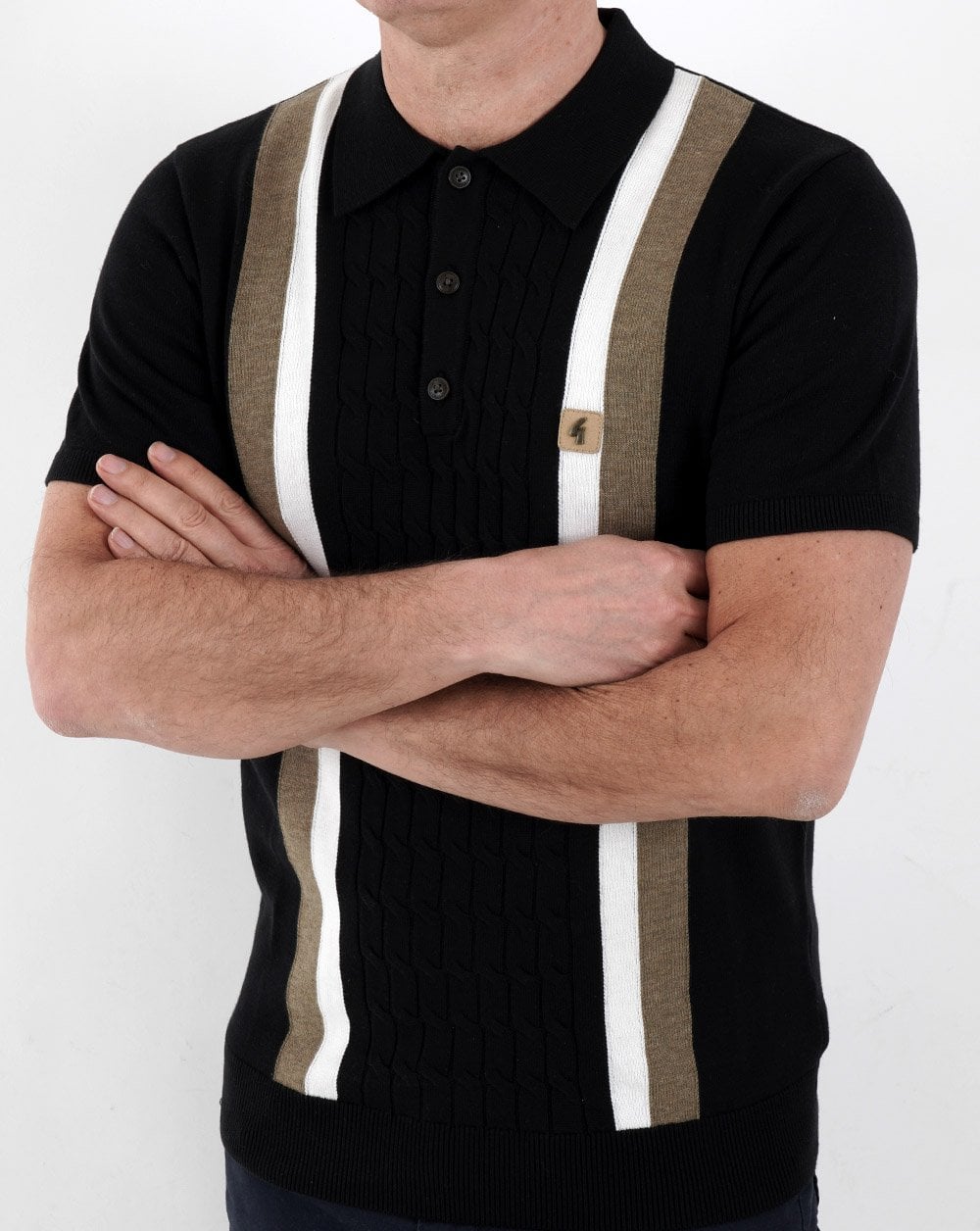 Gabicci Vintage Knitted Polo Black - Dual stripe