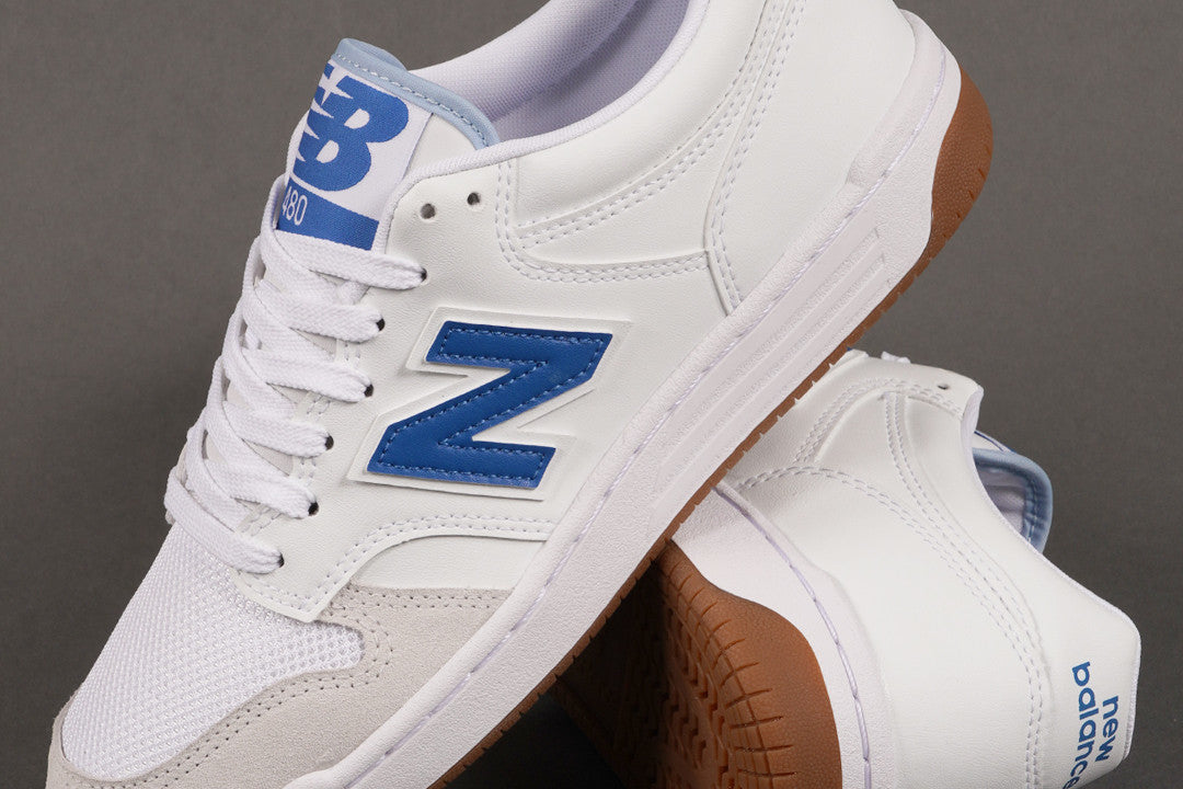 New Balance 480 gum sole trainer white/blue