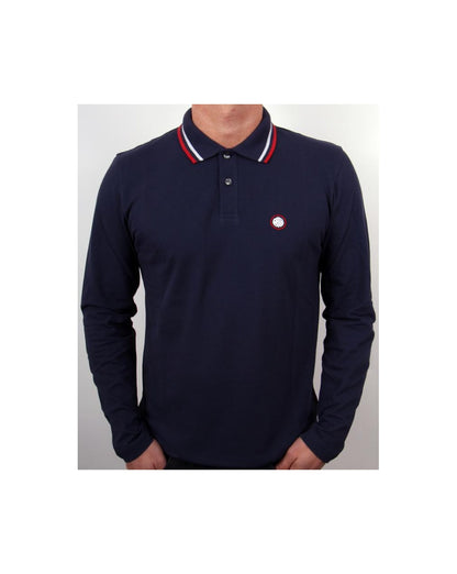 Pretty Green – Langärmliges Poloshirt mit Streifen in Marineblau