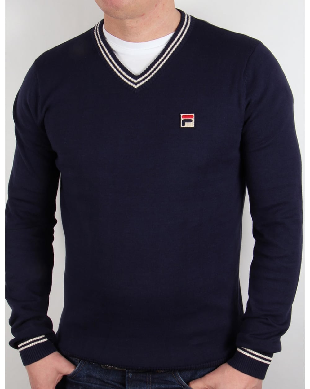 Fila Vintage V-Ausschnitt Pullover Marineblau/Weiß
