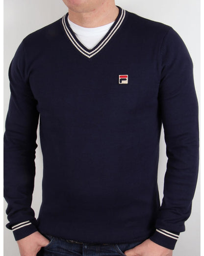 Fila Vintage V-Ausschnitt Pullover Marineblau/Weiß