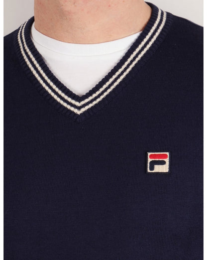 Fila Vintage V-Ausschnitt Pullover Marineblau/Weiß