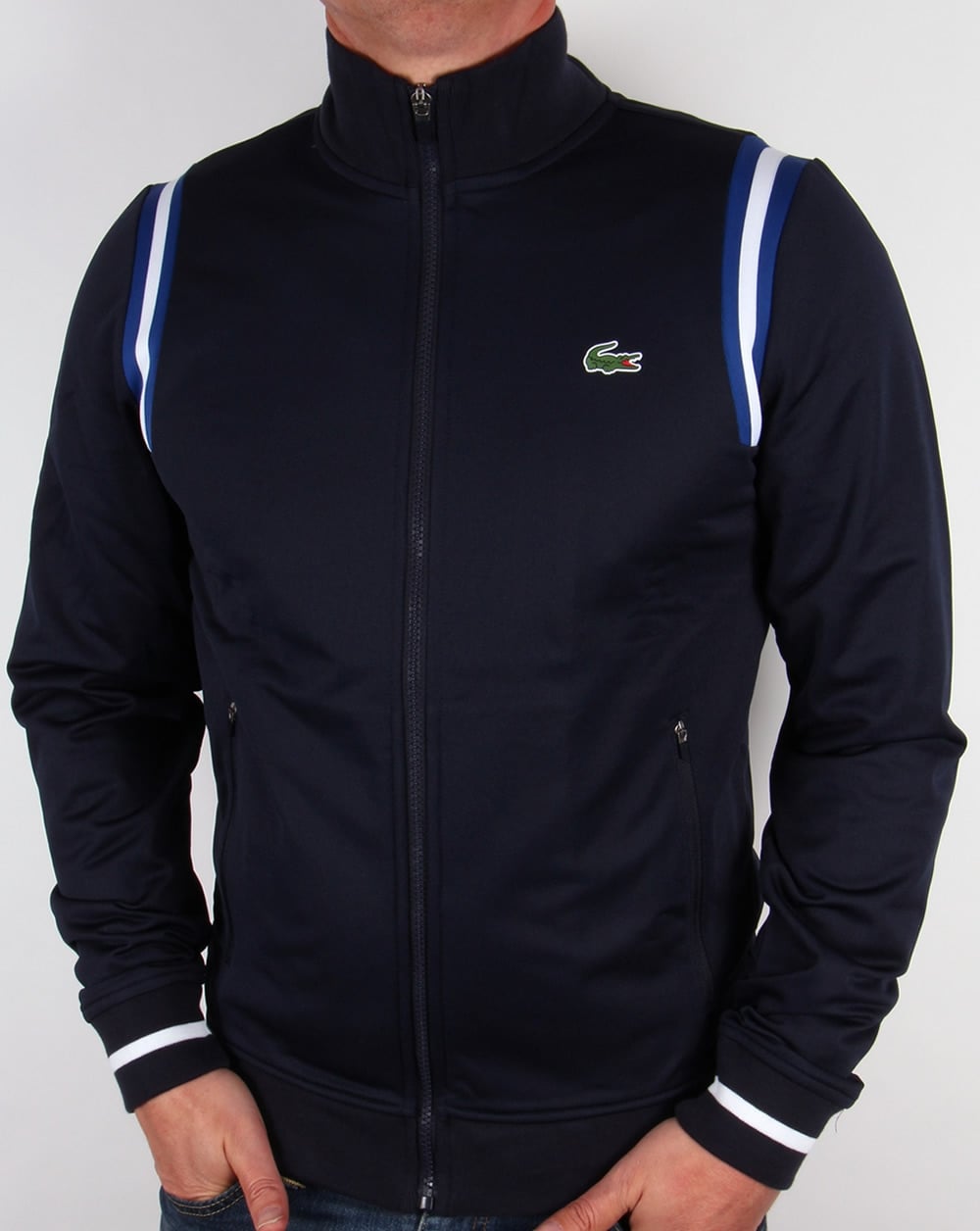 Lacoste – Trainingsoberteil mit Schulterstreifen, Marineblau/Royalblau/Weiß