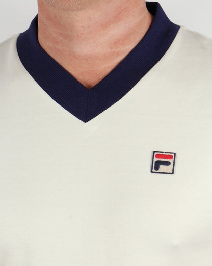Fila Vintage Carrack T-Shirt mit V-Ausschnitt, Gardenia/Marineblau