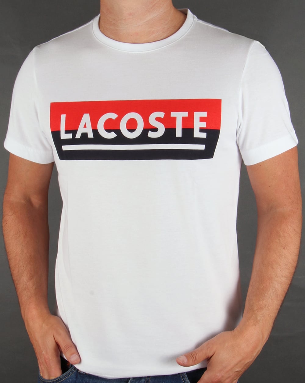 Lacoste Banner Logo T-Shirt Weiß/Marineblau/Rot