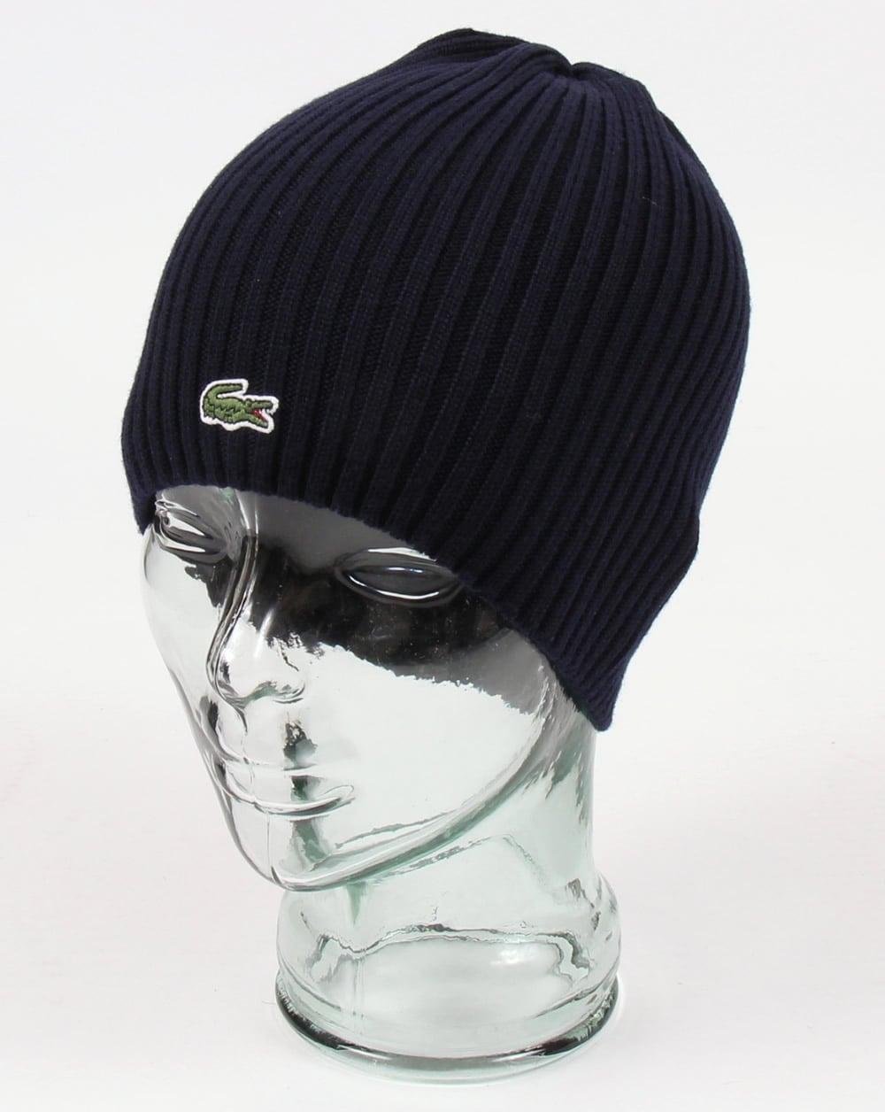 Lacoste – Gerippte Wollmütze in Marineblau