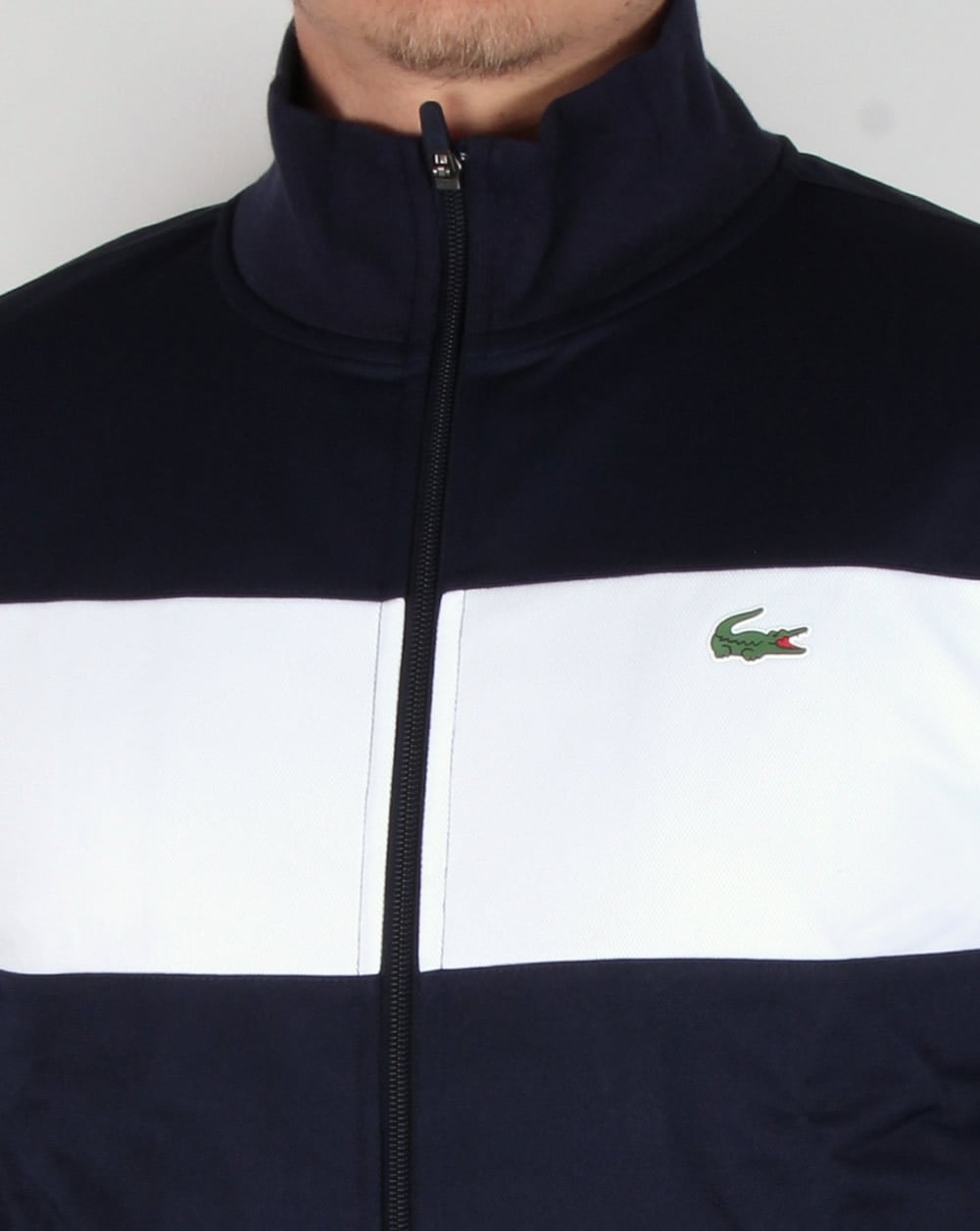 Lacoste – Trainingsjacke mit auffälligen Streifen, Marineblau/Weiß