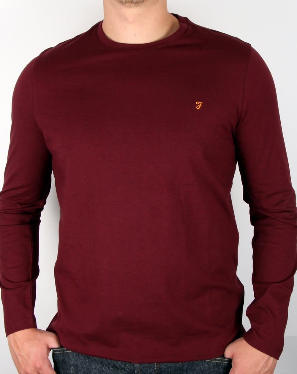 Farah – Langärmliges Denny-Logo-T-Shirt in Burgunderrot