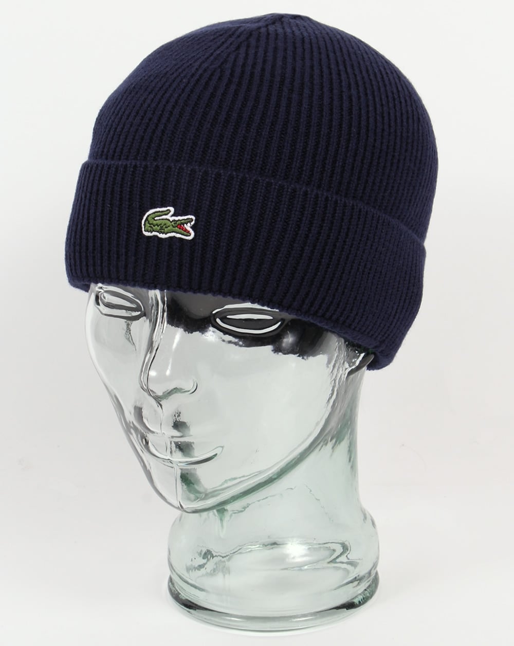 Lacoste – Gerippte Wollmütze mit Umschlag in Marineblau
