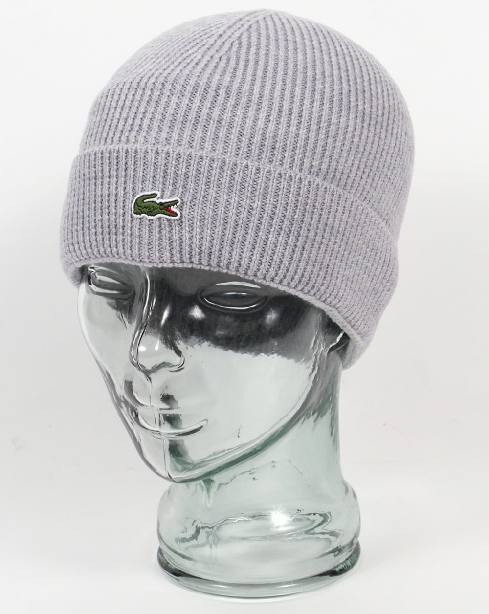 Lacoste – Gerippte Wollmütze mit Umschlag in Silber