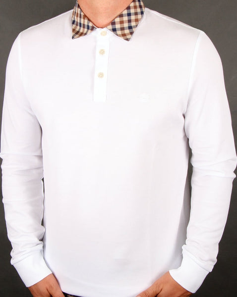 Aquascutum Nathan Check Collar Long Sleeve Polo Shirt White