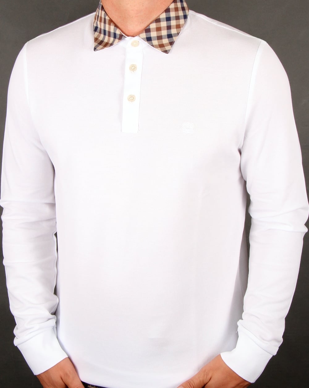 Aquascutum – Nathan – Langärmliges Poloshirt mit Karokragen in Weiß