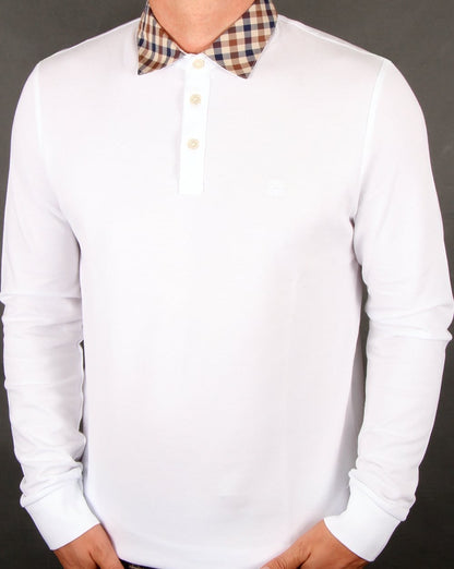 Aquascutum – Nathan – Langärmliges Poloshirt mit Karokragen in Weiß