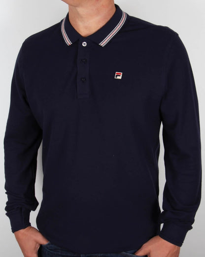 Fila – Langärmliges Poloshirt mit Vintage-Streifen und Streifen in Marineblau