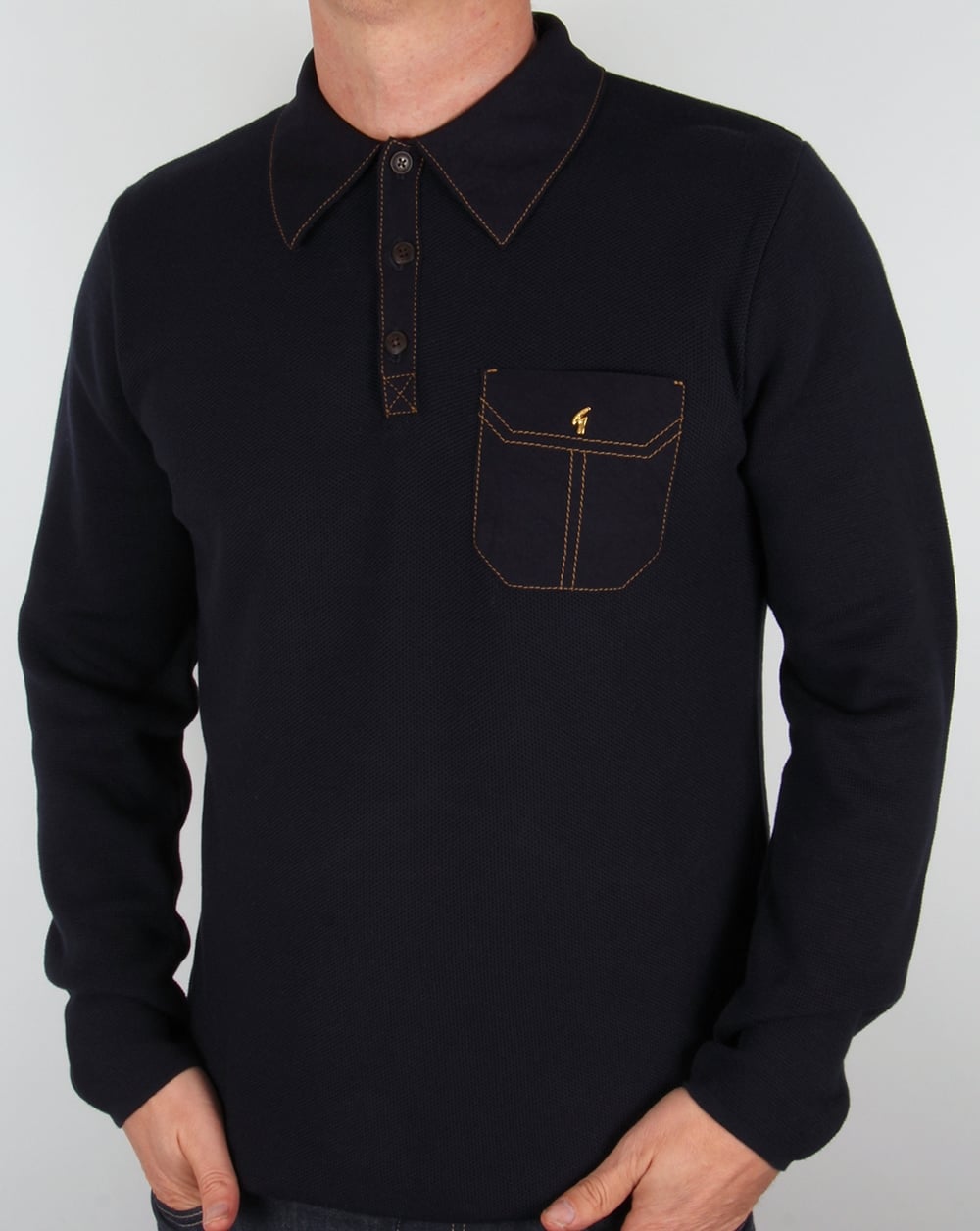 Gabicci Vintage Strick-Langarm-Poloshirt Marineblau