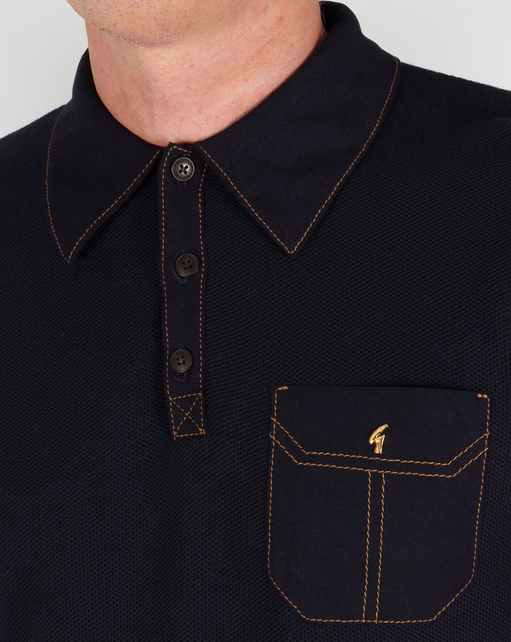 Gabicci Vintage Strick-Langarm-Poloshirt Marineblau