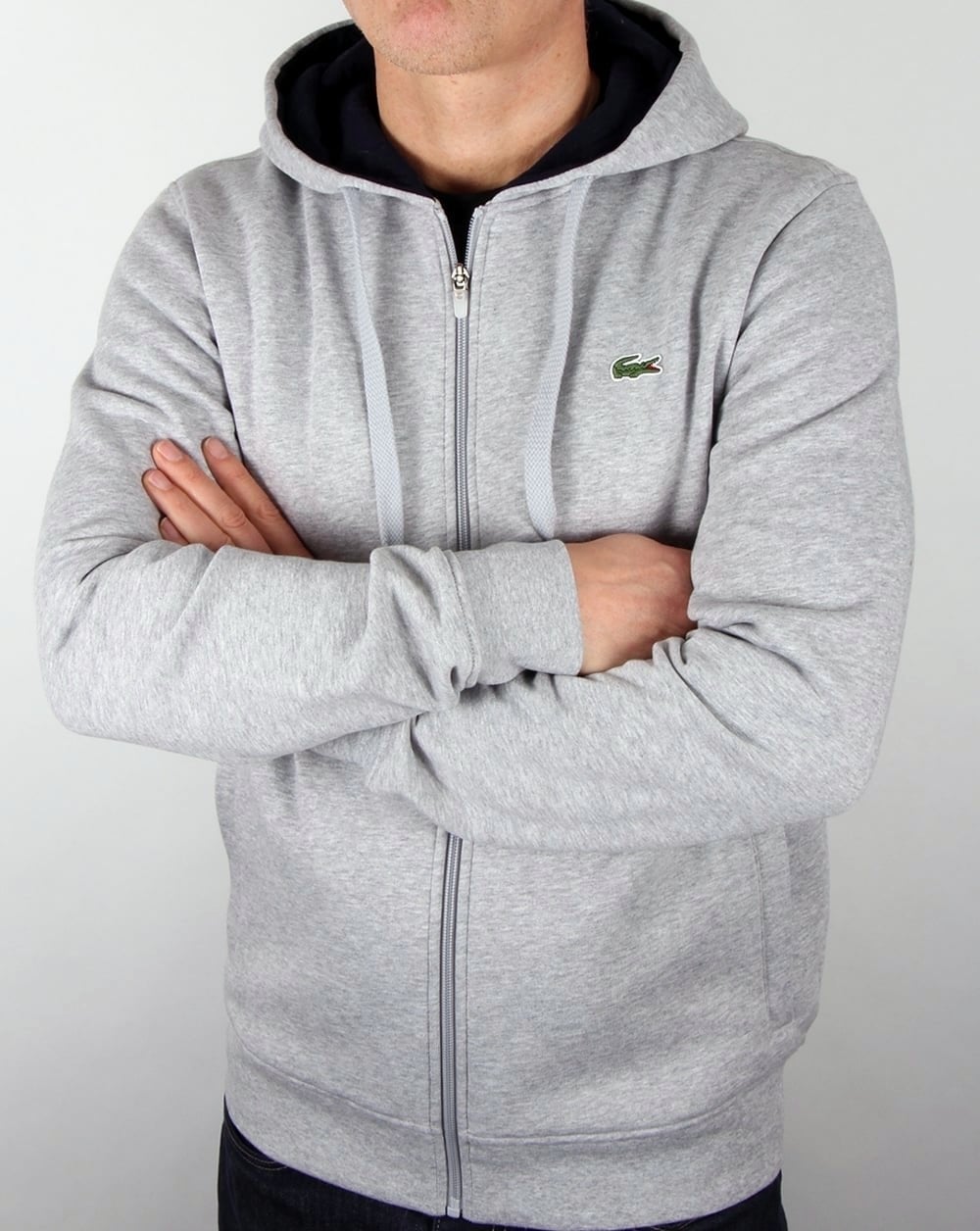 Lacoste Kapuzenpullover mit durchgehendem Reißverschluss Hellgrau/Marineblau