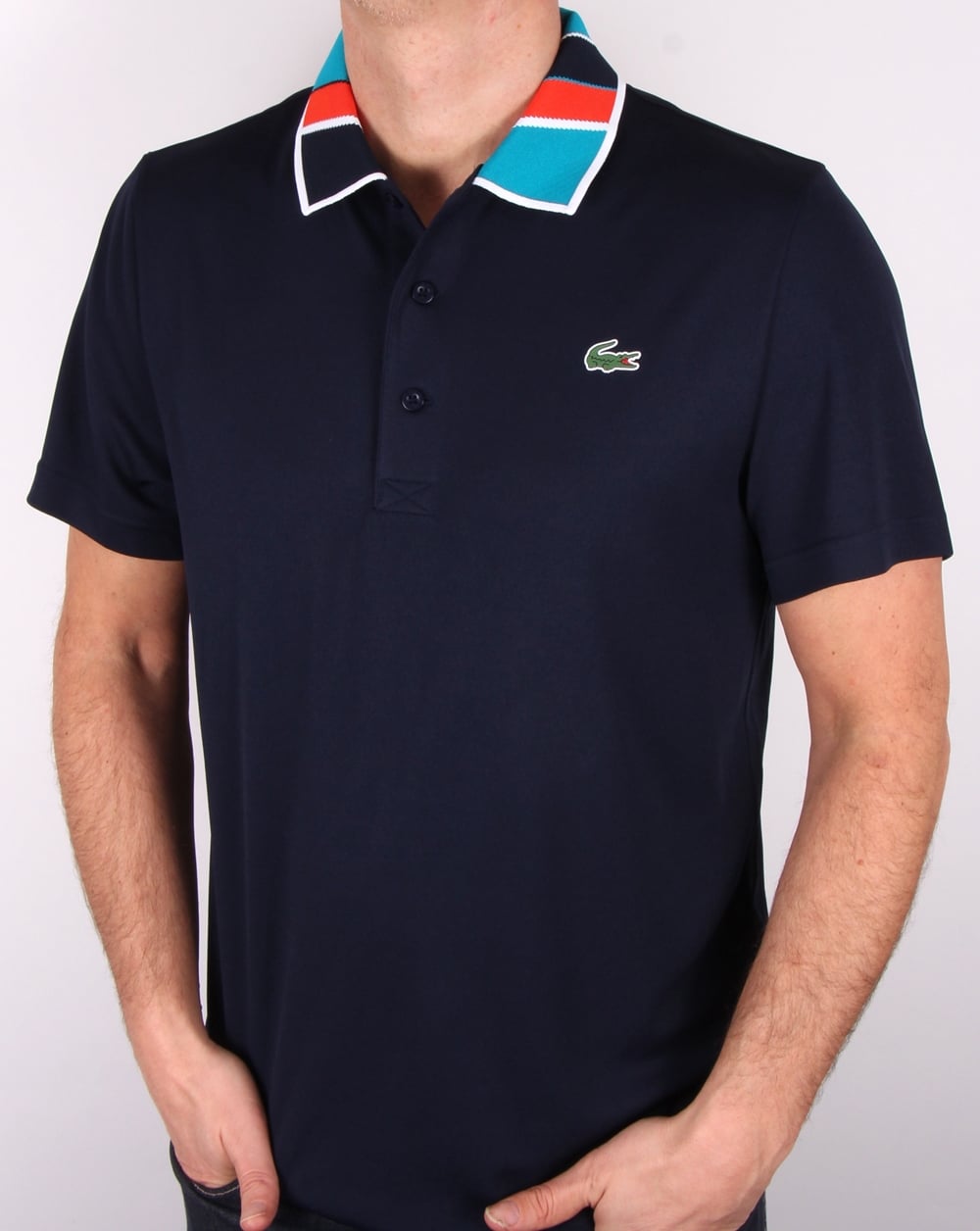 Lacoste – Poloshirt mit gemustertem Kragen, Marineblau/Ätna-Rot