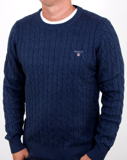 Gant Baumwollpullover mit Zopfmuster und Rundhalsausschnitt Dunkelblau Melange