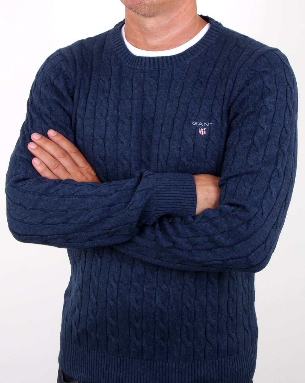 Gant Baumwollpullover mit Zopfmuster und Rundhalsausschnitt Dunkelblau Melange