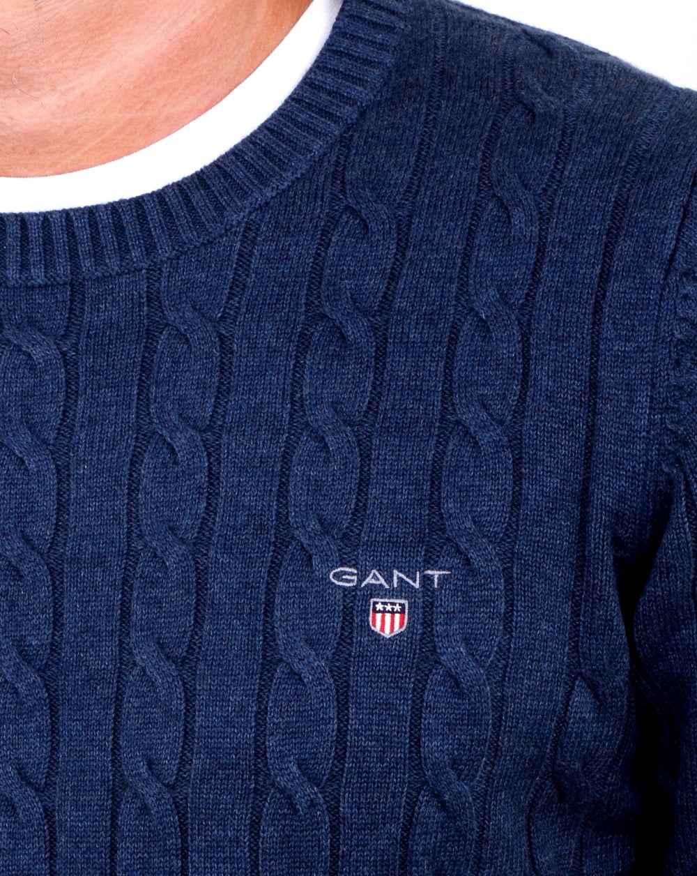 Gant Baumwollpullover mit Zopfmuster und Rundhalsausschnitt Dunkelblau Melange
