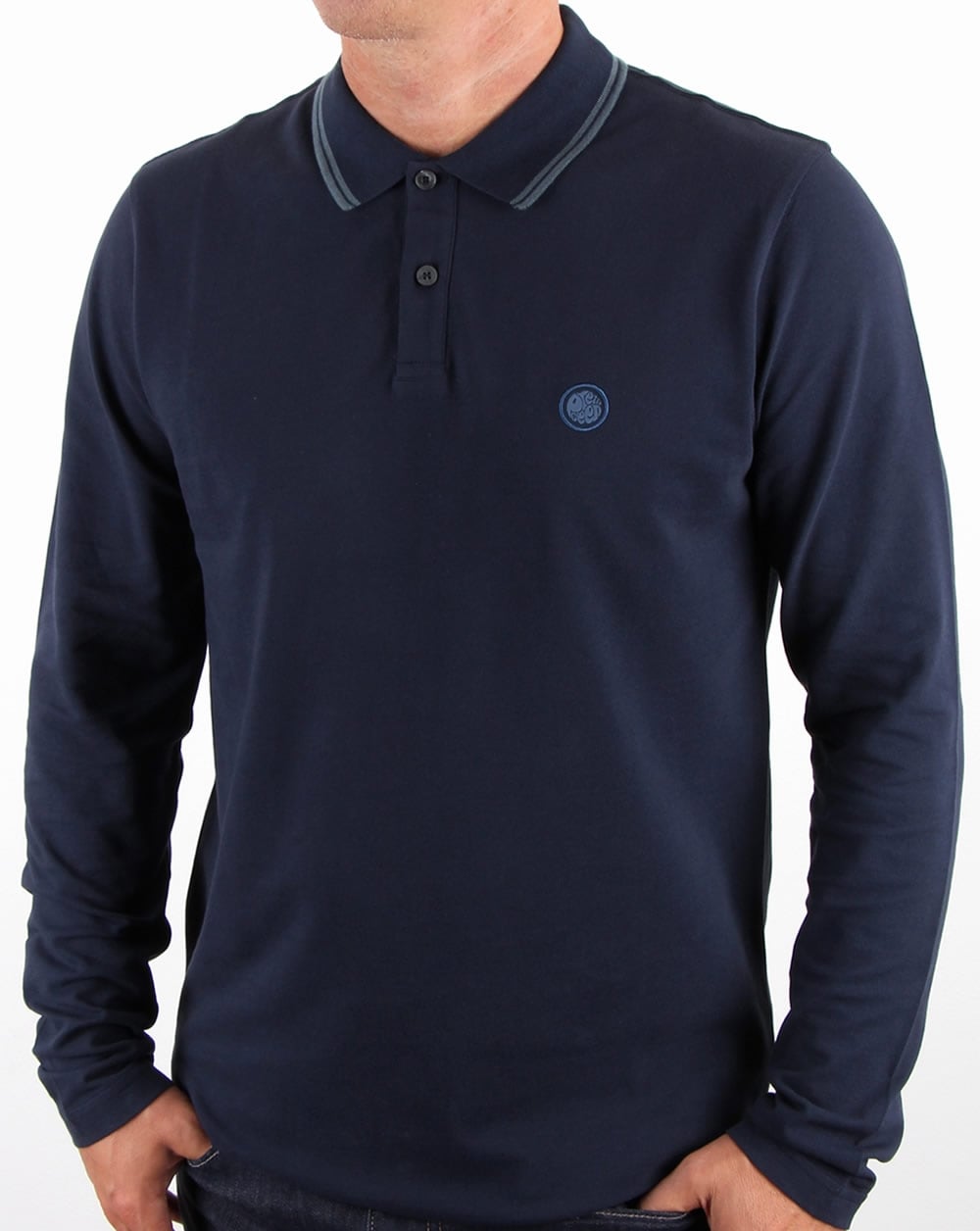 Pretty Green – Barton – Langärmliges Poloshirt mit Streifen in Marineblau