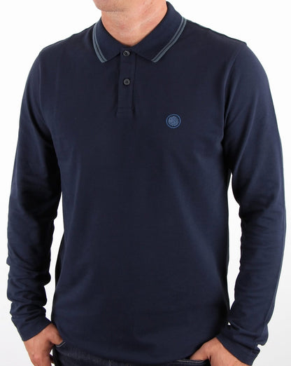 Pretty Green – Barton – Langärmliges Poloshirt mit Streifen in Marineblau