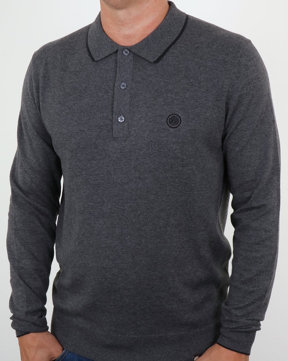 Pretty Green – Tilson – Langärmliges Strickpolohemd in Dunkelgrau meliert