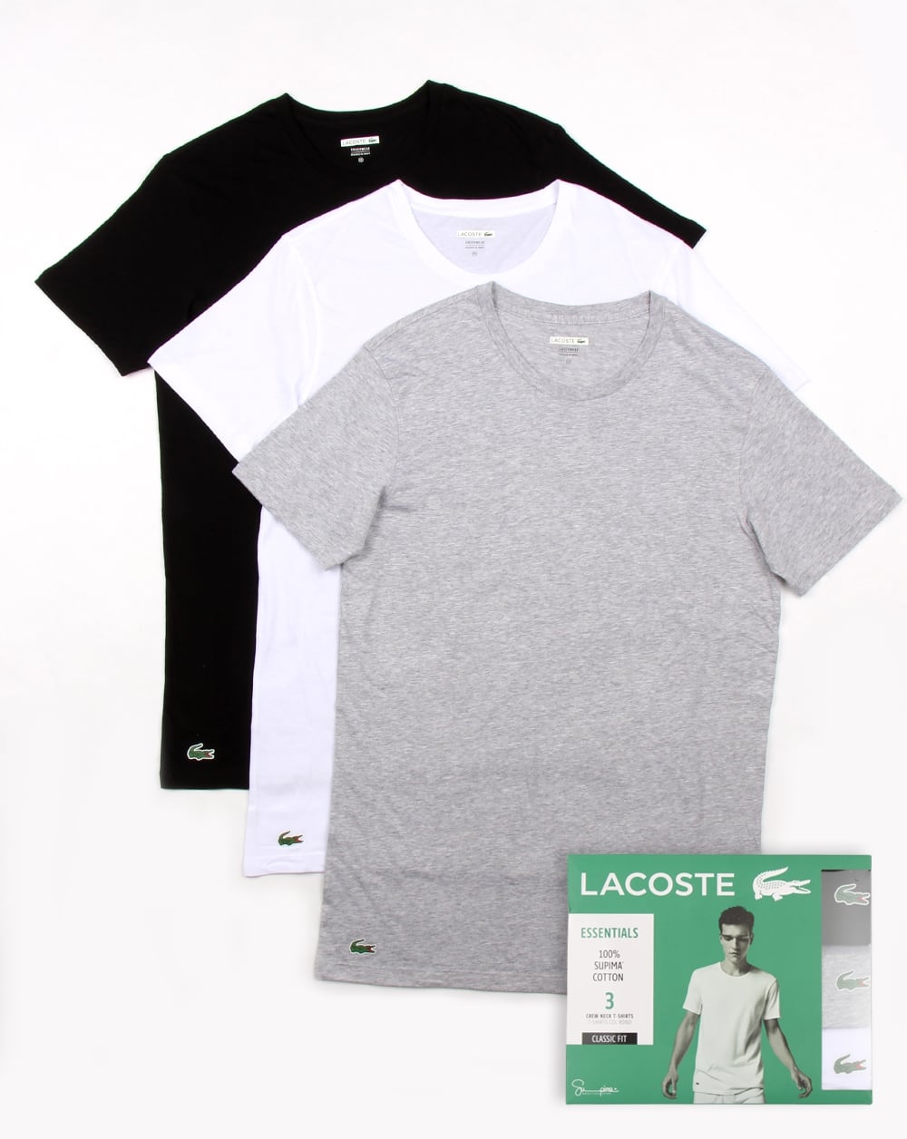 Lacoste – Dreierpack T-Shirts mit Rundhalsausschnitt – Schwarz/Weiß/Grau