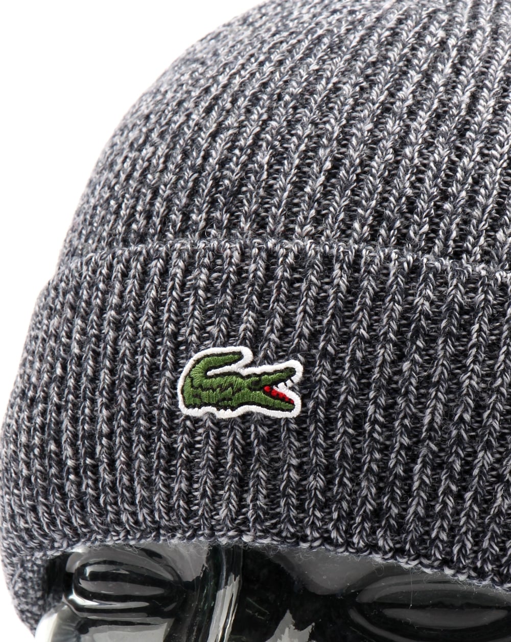 Lacoste – Gerippte Wollmütze mit Umschlag, Mouline Navy
