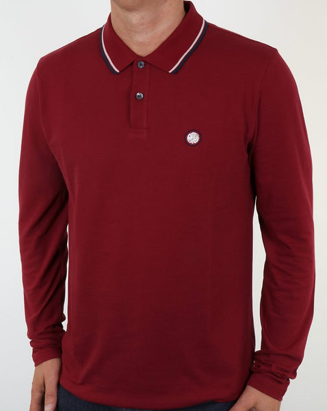 Pretty Green Barton Long Sleeve Tipped Polo Dark Red
