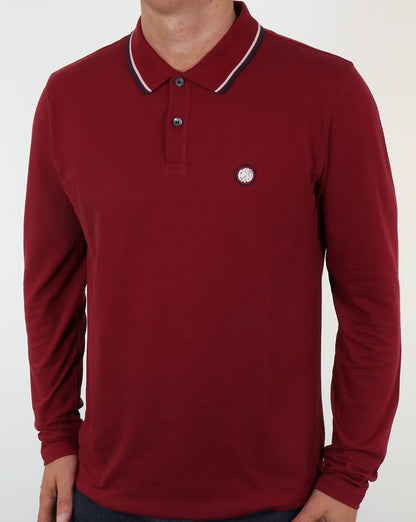 Pretty Green Barton Langarm-Poloshirt mit Streifen Dunkelrot