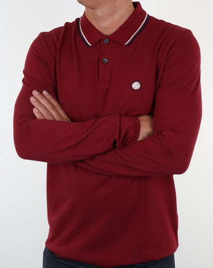 Pretty Green Barton Langarm-Poloshirt mit Streifen Dunkelrot