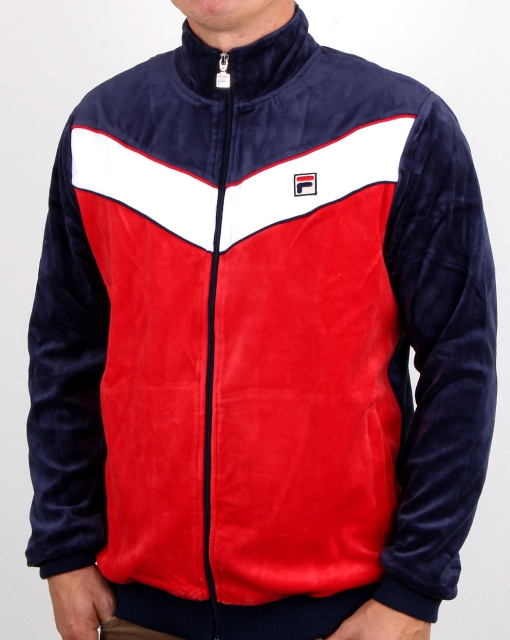 Fila Vintage Chevron Velours-Trainingsjacke Marineblau/Rot/Weiß