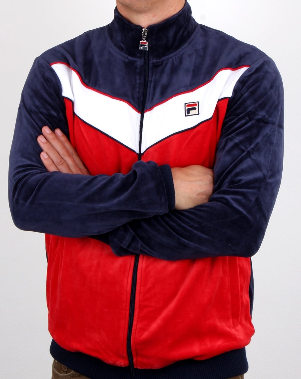 Fila Vintage Chevron Velours-Trainingsjacke Marineblau/Rot/Weiß