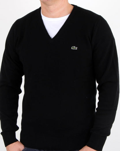 Lacoste – Wollpullover mit V-Ausschnitt in Schwarz