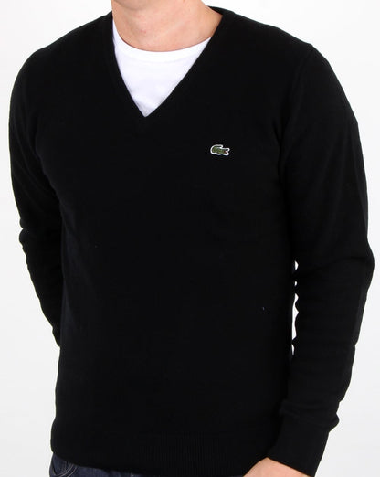 Lacoste – Wollpullover mit V-Ausschnitt in Schwarz