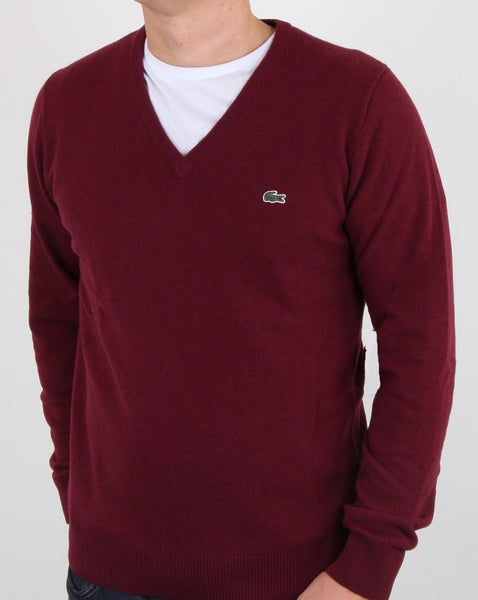 Lacoste Wool V Neck Jumper Burgundy
