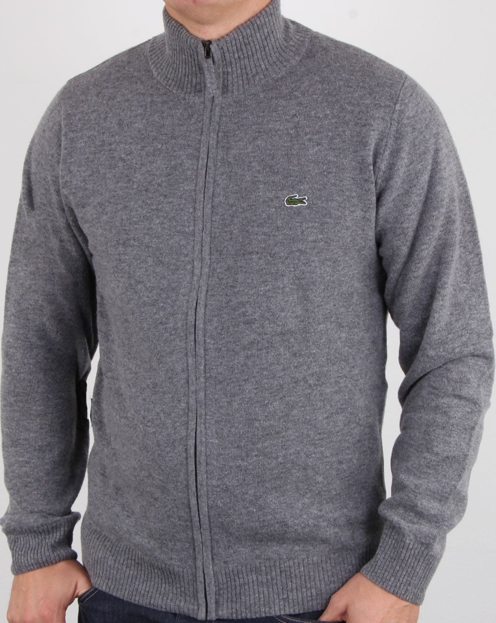 Lacoste – Grauer Wollpullover mit durchgehendem Reißverschluss