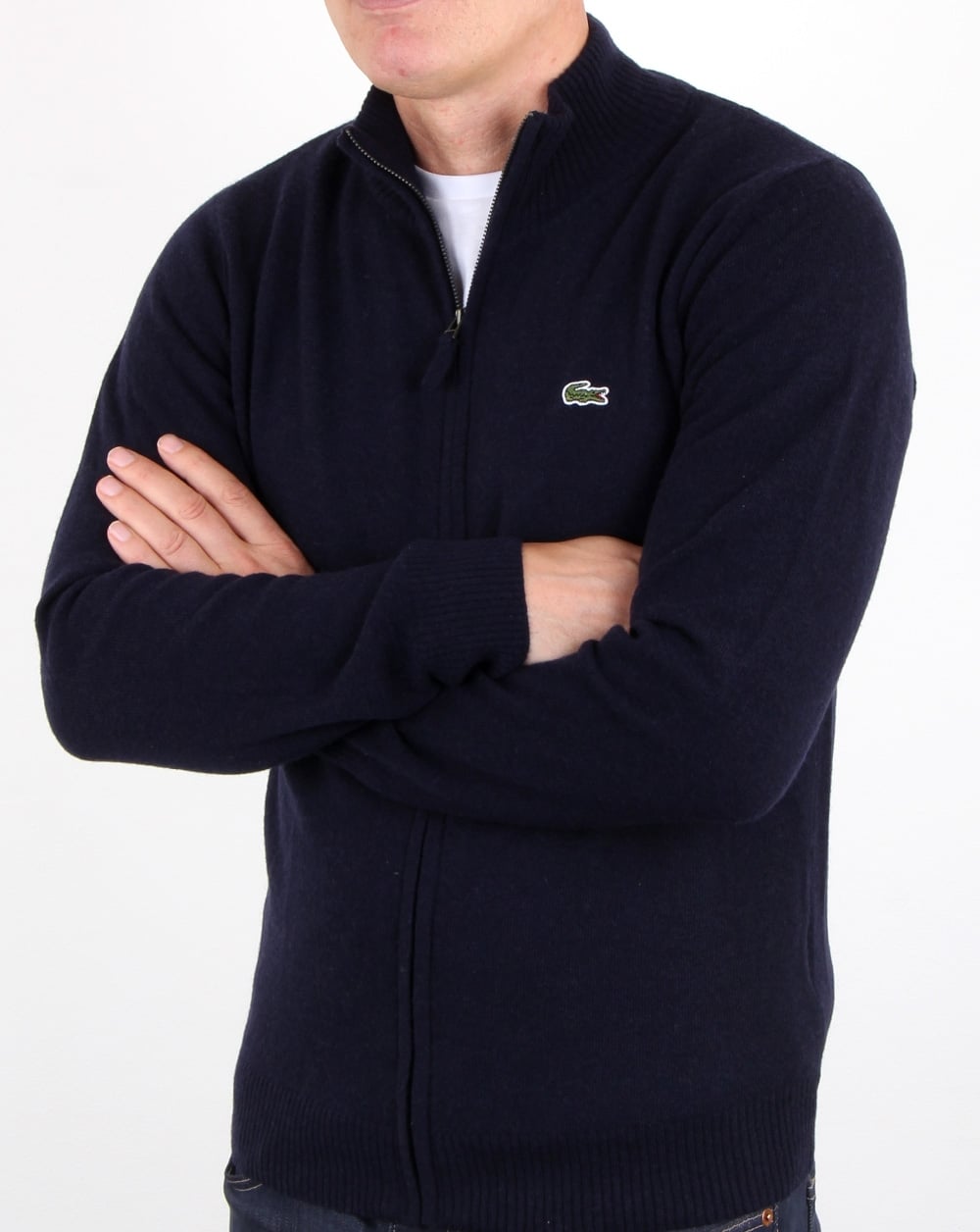 Lacoste – Wollpullover mit durchgehendem Reißverschluss in Marineblau